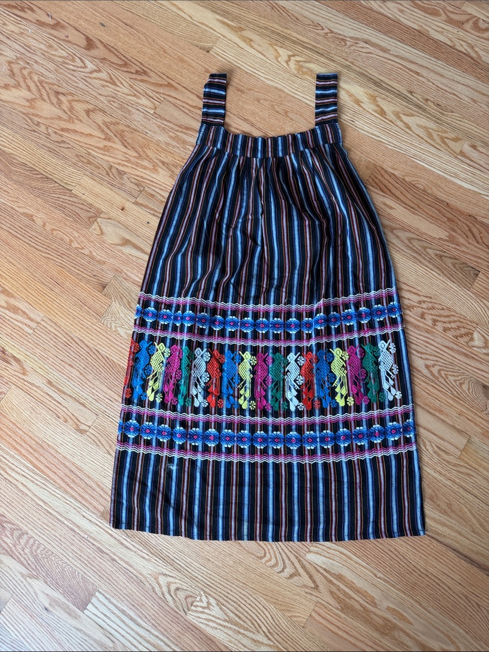 Boho folklore Handwoven Multicolor Striped Embroidered Midi Dress Linen M